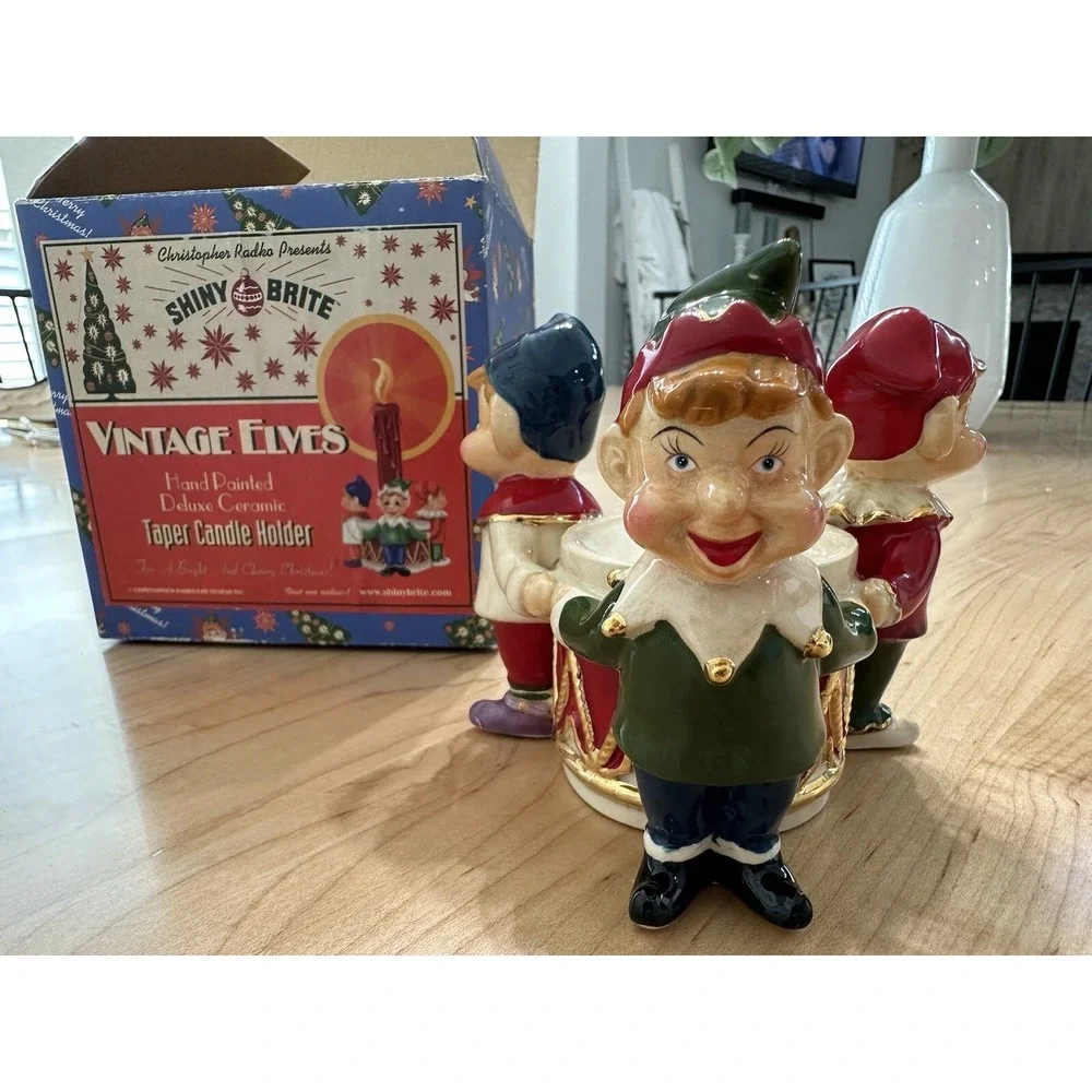 Christopher Radko Shiny Brite Vintage Elves CeramicTaper Candle Holder 40-1143-0